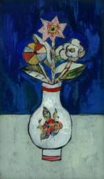 Marsden Hartley. Three Flowers in a Vase, 1917. Oil and metal leaf on glass, 13 1/8 x 7 5/8 in (33.3 x 19.4 cm). Private collection.