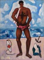 Marsden Hartley. Canuck Yankee Lumberjack at Old Orchard Beach, Maine, 1940–41. Oil on Masonite-type hardboard, 40 1/8 x 30 in (101.9 x 76.2 cm). Hirshhorn Museum and Sculpture Garden, Smithsonian Institution.