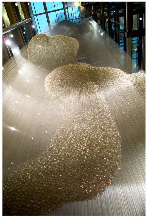 Heatherwick Studio. Bleigiessen. 142,000 glass spheres suspended on 27,000 high-tensile steel wires, 15 tonnes of glass and just under a million metres of wire, height 30 metres. Commissioned by the Wellcome Trust, London. Photograph: Steve Speller.