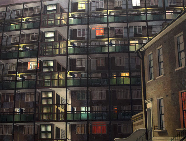David Hepher. Camberwell Flats by Night, 1983. Oil on canvas, 199 x 260 cm (78 ½ x 102 ½ in). © David Hepher, Courtesy of Flowers Gallery London and New York.