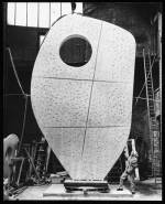 Barbara Hepworth with the plaster of Single Form 1961-4 at the Morris Singer foundry, London, May 1963. Photograph, gelatin silver print on paper. Photograph: Morgan-Wells. © Bowness