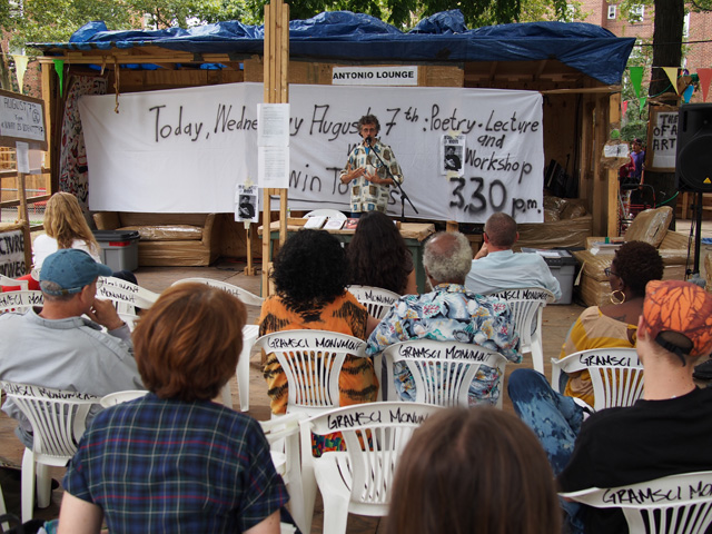 Thomas Hirschhorn. Gramsci Monument, 2013. Poetry Session : Edwin Torres. Forest Houses, Bronx, New York. Courtesy Dia Art Foundation. Photograph: Romain Lopez.