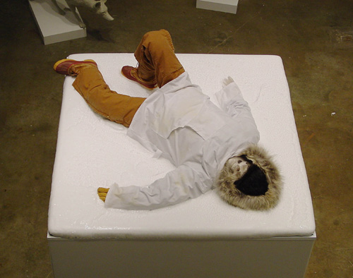 Michael Joo.<i>  God II </i>2003.  Cast urethane over
        polyethylene plastic skeleton, cotton, leather, seal, wolf, wolverine, rubber,
        Plexiglas base with refrigerated top surface  101.6 x 154.9 x 154.9
        cm . Murderme Ltd, London  © 2006 Michael Joo