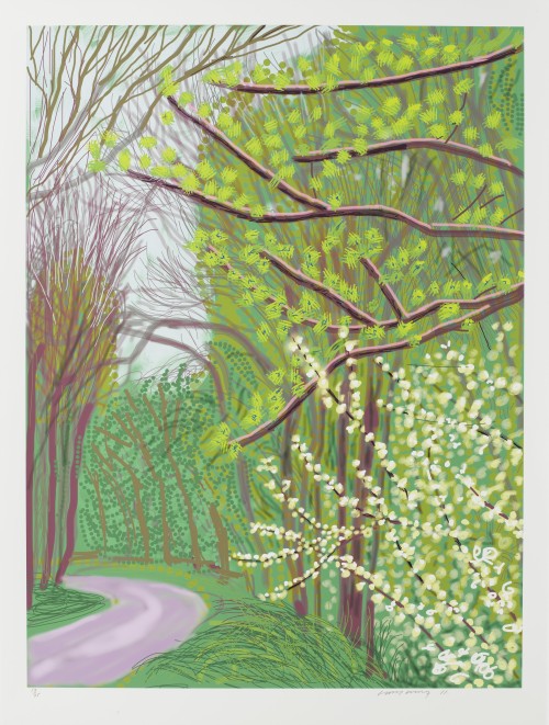 David Hockney. The Arrival of Spring in Woldgate, East Yorkshire in 2011 (twenty eleven) - 14 April. iPad drawing printed on paper, 55 x 41-1/2in (139.7 x 105.4 cm). Edition of 25. © David Hockney / Richard Schmidt.