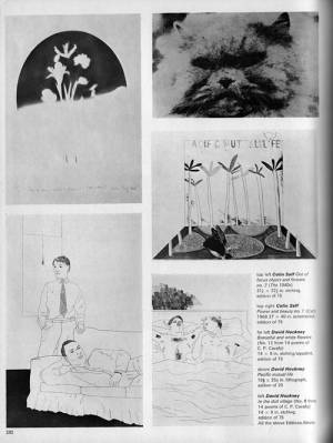 Top left: Colin Self. Out of focus object and flowers no. 2 (The 1940s). Etching, 31 1/4 x 22 1/4 in. Edition of 75. Top right: Colin Self. Power and beauty no. 1 (Cat), 1968. Screenprint, 27 x 40 in. Edition of 75. Bottom left: David Hockney. Beautiful and white flowers (No. 12 from 14 poems of CP Cavafy). Etching/aquatint, 14 x 9 in. Edition of 75. Centre right: David Hockney. Pacific mutual life. Lithograph, 19 5/8 x 25 1/2 in. Edition of 20. Bottom right: David Hockney. In the dull village (No. 8 from 14 poems of CP Cavafy). Etching, 14 x 9 in. Edition of 75. Studio International Supplement 1968.