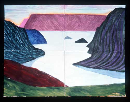 Fjord. Kamoyvraer 2002. Watercolour on paper (4 sheets) 91.5 x 122 cm; framed 96.5 x 127.5 cm.