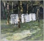 Eileen Hogan. Beehives at Little Sparta, 2013. Oil paint, charcoal and oil pastel on paper, 102 x 106 cm.