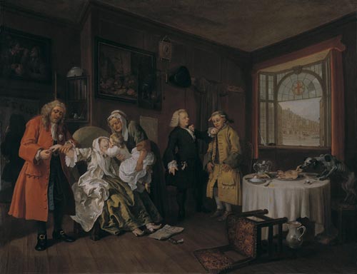 William Hogarth. <em>Mariage à la mode - 6: la mort de la comtesse</em>. (<em>The lady’s death</em>), 1743. Huile sur toile, 70.5 x 90.8 cm. London, National Gallery © The National Gallery, London.