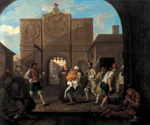 William Hogarth. <em>Oh, le roast beef de la vieille Angleterre ou la porte de Calais</em> (<em>Oh, the</em> <em>roast beef of Old England - Calais Gate</em>), 1748. Huile sur toile, 78.8 x 94.5 cm. London, Tate Gallery © The Tate Gallery, London.