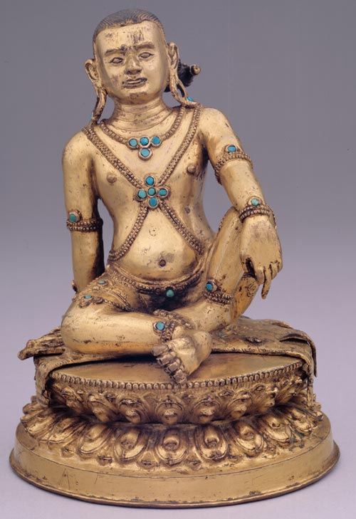 <strong><em>Avadhutipa</em></strong>, Tibet, ca. 17th – 18th century. Gilt metalwork with turquoise inlay 6 x 4 ¾ x 4 ½ in. Rubin Museum of Art, C2005.8.2 (HAR 65408)