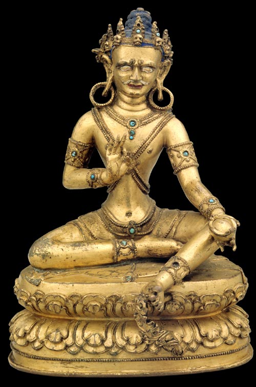 <strong><em>Krsnapa</em></strong>, Tibet, 16th – 17th century. Gilt copper 6 ½ x 4 ½ x 4 ½ in. Rubin Museum of Art, C2005.16.54 (HAR 65477)