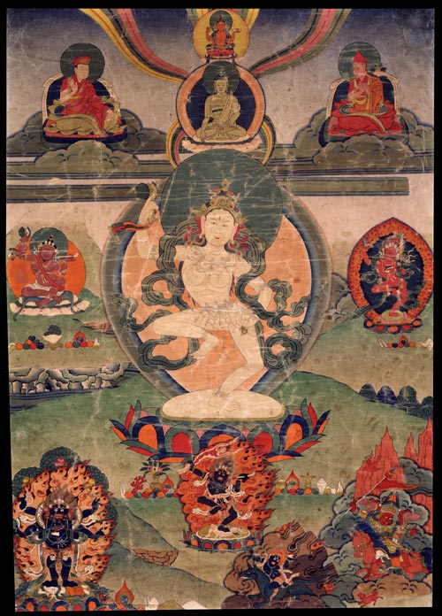 <strong><em>Machig Labdron</em></strong>, Tibet, 19th century. Mineral pigments on cloth 21 ½ x 15 ½ in. Rubin Museum of Art, F1998.4.11 (HAR 619)