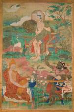 <strong><em>Kamala, Suvarnadvipa, Viraya</em></strong>, Tibet, ca. 17th century. Mineral pigments on cloth 36 x 23 ¾ in. Rubin Museum of Art, C2004.14.2 (HAR 65349)