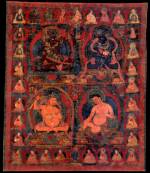 <strong><em>Virupa, Krsnapa, Damarupa, and Avadhutipa</em></strong>, Tibet, 17th century. Mineral pigments on cloth 25 x 20 in. Rubin Museum of Art, C2002.45.2 (HAR 65377)