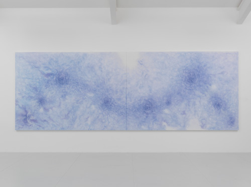 Shirazeh Houshiary. A Deluge, 2015. Pencil and pigment on white aquacryl on canvas and aluminium, 190 x 540 cm (190 x 270 cm each). © the artist. Courtesy Lisson Gallery, London.