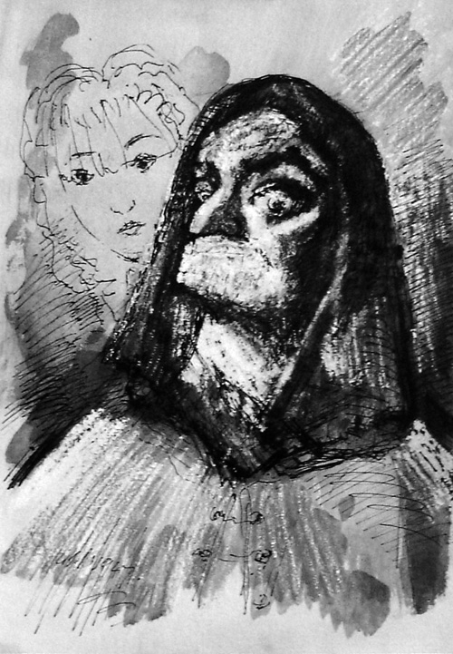 Albert Houthuesen.<em> Duena and Dancer, </em>1947. Indian ink, 14 x 10 inches (35.5 x 25.4 cm). Copyright Albert Houthuesen Estate.