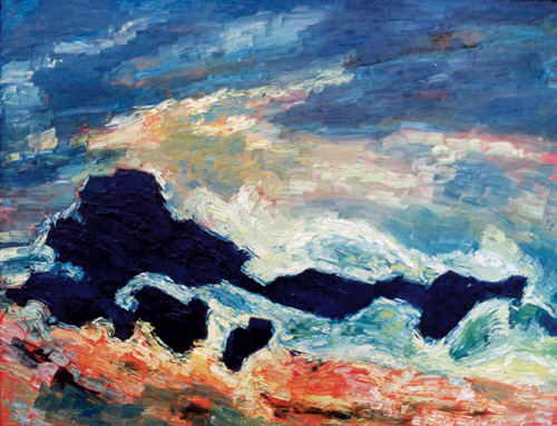 Albert Houthuesen.<em> Rocks and Storm, </em>1956–58. Oil on board, 26 x 38 inches (66 x 96.5 cm). Copyright Albert Houthuesen Estate.