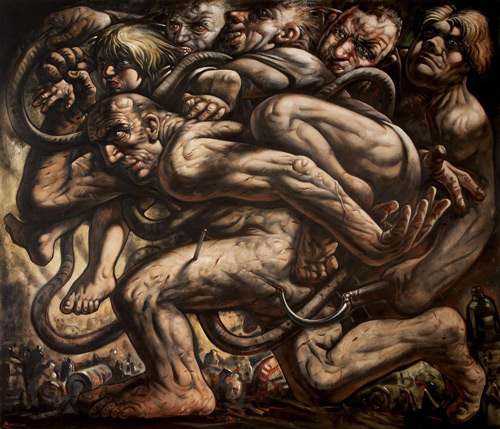 Peter Howson. The First Step, 2000. Oil on canvas, 180 x 214 cm. © Peter Howson, Flowers Gallery, Cork St, London.