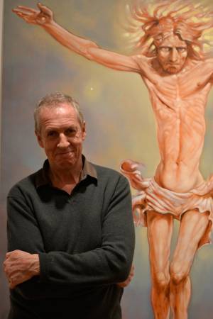 Peter Howson in front of Alpha and Omega at Flowers Gallery, London.