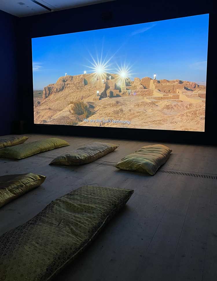Saodat Ismailova, Melted Into the Sun, 2024. Installation view with ornate bean bags for reclining on, Baltic Centre for Contemporary Art, Gateshead, 8 November 2025 – 7 June 2026. Photo: Veronica Simpson.