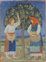 Tymofii Boichuk, Women under the Apple Tree, 1920. Tempera on cardboard, 54 x 40 cm. National Art Museum of Ukraine.