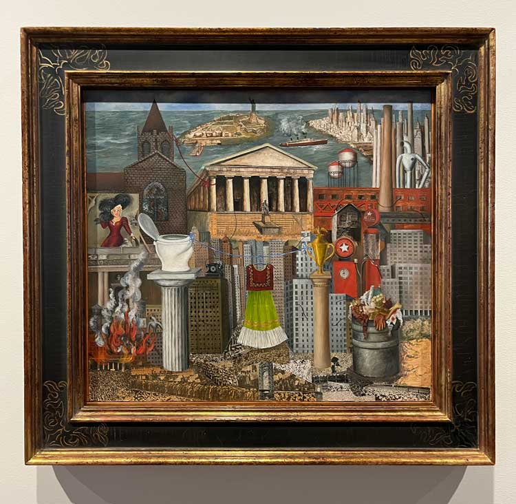 Frida Kahlo. There Hangs My Dress, 1933. Collage, oil, masonite, 46 x 55 cm. Installation view, Indigenous Histories, Kode Bergen Art Gallery, Norway, 2024. Photo: Veronica Simpson.