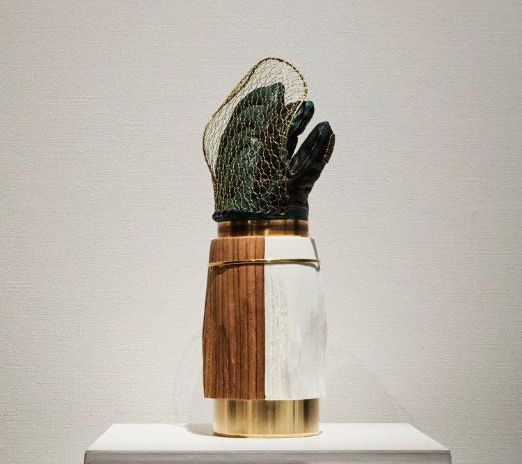 Arm created by woodworker Nakagawa Mokkogei, ceramicist Hasami, with glove in light deerskin by Kentaro Kozuki and wire work of Kanaami Tsuji. Photo: Kenichi Muramatsu.