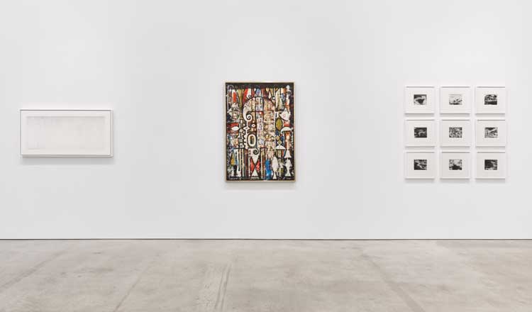 Left to right: Jacob El Hanani. Between Dot and Linescape, 2020. Ink on gessoed canvas, 24 × 48 in (61 × 121.9 cm); Richard Pousette-Dart. Window, Cathedral, c1941-42. Oil on canvas, 52 1/2 × 36 1/2 in (133.3 × 92.7 cm); Roland Flexner. Untitled, 2010/11. Liquid graphite on paper ensemble of nine drawings, 50 1/2 × 50 in (128.3 × 127 cm), each drawing: 5 1/2 × 7 in (14 × 17.8 cm). Installation view, Marlborough Gallery, New York. Photo: Olympia Shannon.