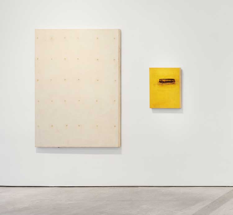Left to right: Denzil Hurley, Variant-A, 2002-04, oil on canvas, 70 1/8 × 50 1/8 in (178.1 × 127.3 cm); Redact-1, 2003-05, oil on canvas, 24 × 18 in (61 × 45.7 cm). Installation view, Marlborough Gallery, New York. Photo: Olympia Shannon.