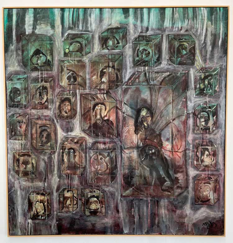 Kamala Ibrahim Ishag, Women in Crystal Cubes, 1984. Oil on canvas, 192 x 185 cm. Installation view, Serpentine Galleries, London. Photo: Veronica Simpson.