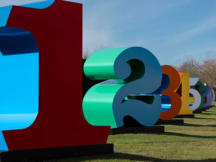 Robert Indiana, ONE Through ZERO (The Ten Numbers), 1980-2001, installation view at Yorkshire Sculpture Park, 2022. Photo: © Jonty Wilde, courtesy of Yorkshire Sculpture Park. Artwork: © 2022 Morgan Art Foundation Ltd./ Artists Rights Society (ARS), New York/DACS, London.