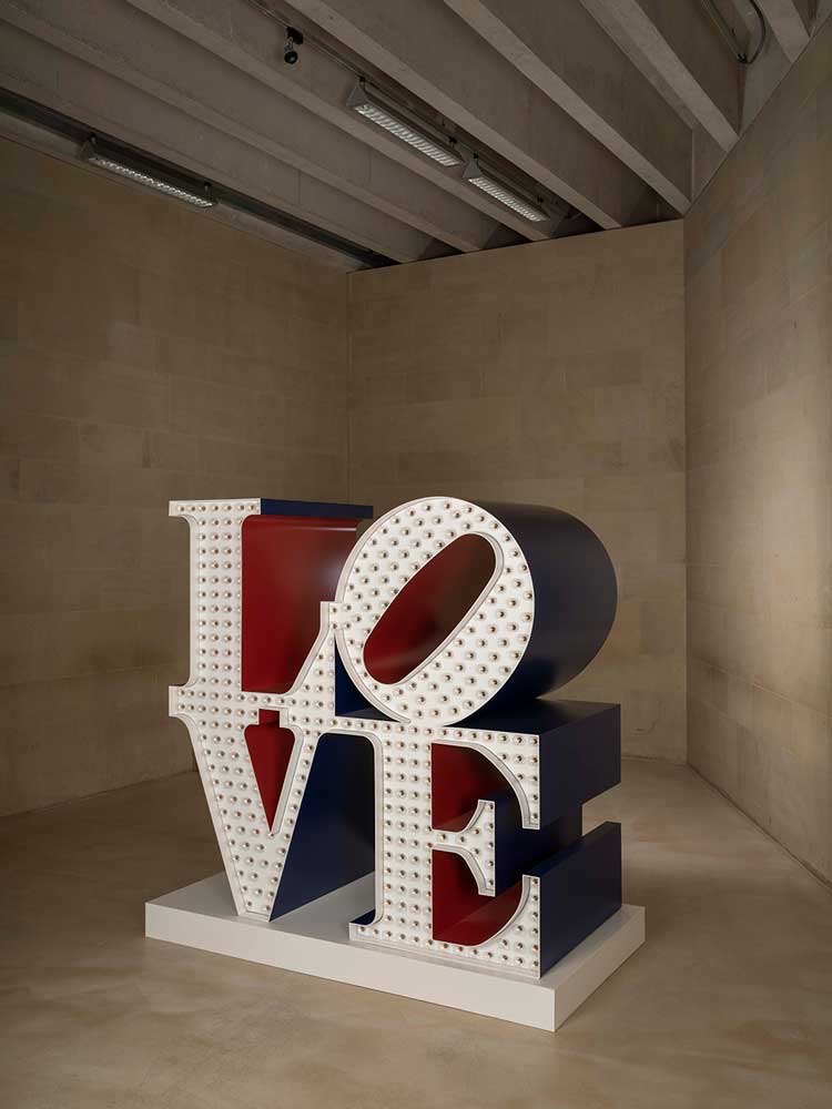 Robert Indiana, The Electric LOVE, 1966-2000, installation view at Yorkshire Sculpture Park, 2022. Photo: © Jonty Wilde, courtesy of Yorkshire Sculpture Park. Artwork: © 2022 Morgan Art Foundation Ltd./ Artists Rights Society (ARS), New York/DACS, London.