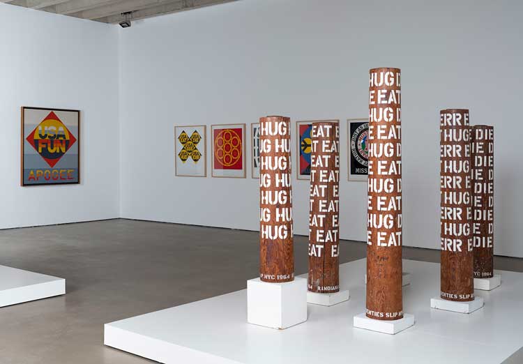 Robert Indiana: Sculpture 1958-2018 installation view at Yorkshire Sculpture Park, 2022. Photo: © Jonty Wilde, courtesy of Yorkshire Sculpture Park. Artwork: © 2022 Morgan Art Foundation Ltd./ Artists Rights Society (ARS), New York/DACS, London.