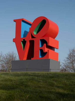 Robert Indiana, LOVE (Red Blue Green), 1966–1998, installation view at Yorkshire Sculpture Park, 2022. Photo: © Jonty Wilde, courtesy of Yorkshire Sculpture Park. Artwork: © 2022 Morgan Art Foundation Ltd./ Artists Rights Society (ARS), New York/DACS, London.