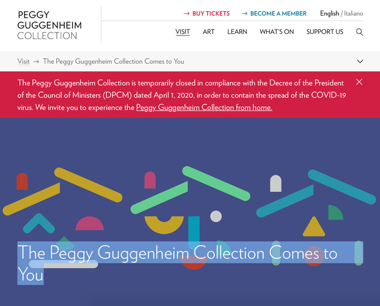 Peggy Guggenheim Collection Comes to You. Website, screenshot captured 15 May 2020.