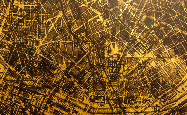 Michael Takeo Magruder, detail of Imaginary Cities — Paris (11097701034), 2019. Algorithmically generated mono prints on 23ct gold-gilded board. Photo: David Steele © Michael Takeo Magruder.