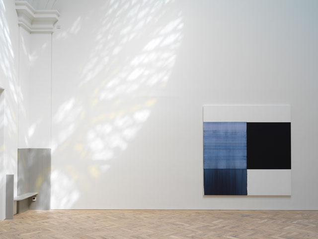 Callum Innes. Installation view. Exposed Painting Oriental Blue, 2018. Oil on linen, 235 x 230 cm. Photograph: Tom Nolan. Courtesy of Callum Innes and Ingleby Gallery.