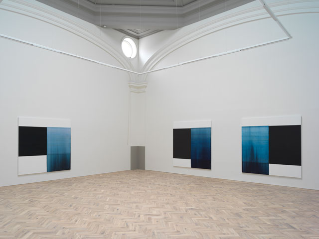 Callum Innes. Installation view. Delft Blue, Oriental Blue, Paris Blue, each 2018, oil on linen, 235 x 230 cm. Photograph: Tom Nolan. Courtesy of Callum Innes and Ingleby Gallery.