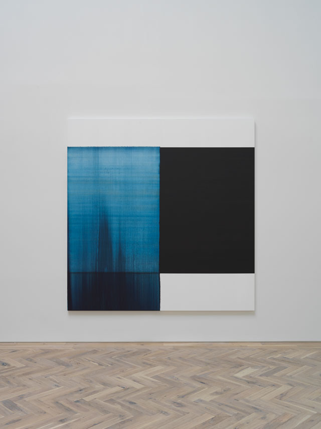Callum Innes. Installation view. Exposed Painting Paris Blue, 2018. Oil on linen, 235 x 230 cm. Photograph: Tom Nolan. Courtesy of Callum Innes and Ingleby Gallery.