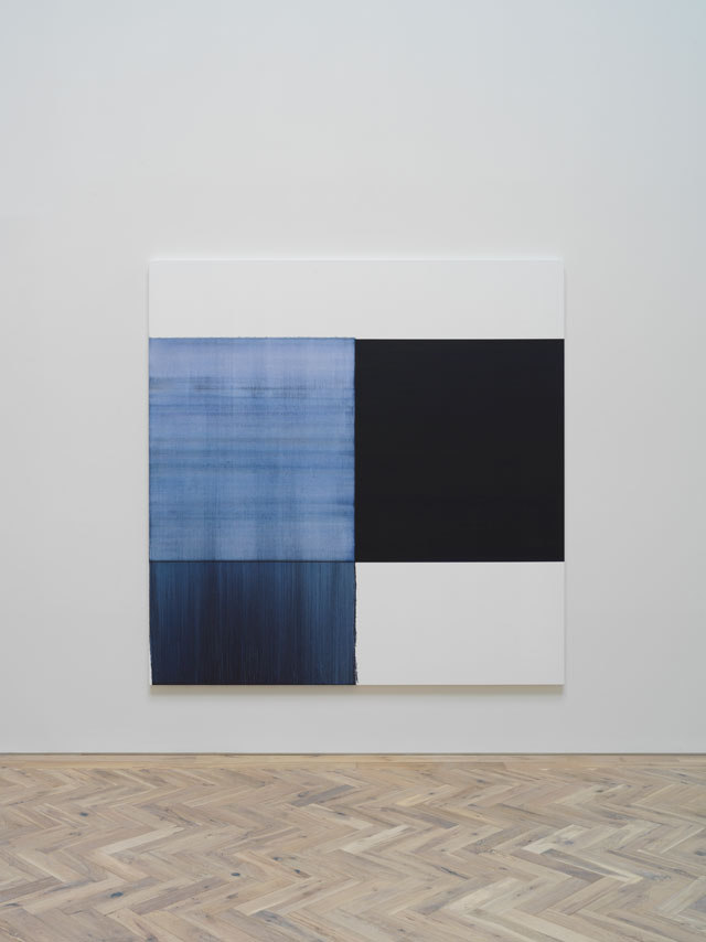 Callum Innes. Installation view. Exposed Painting Oriental Blue, 2018. Oil on linen, 235 x 230 cm. Photograph: Tom Nolan. Courtesy of Callum Innes and Ingleby Gallery.
