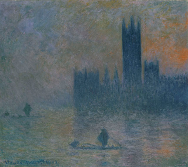 Claude Monet. Houses of Parliament, Fog Effect, 1903-04. Oil paint on canvas, 81.3 x 92.4 cm. Metropolitan Museum of Art.