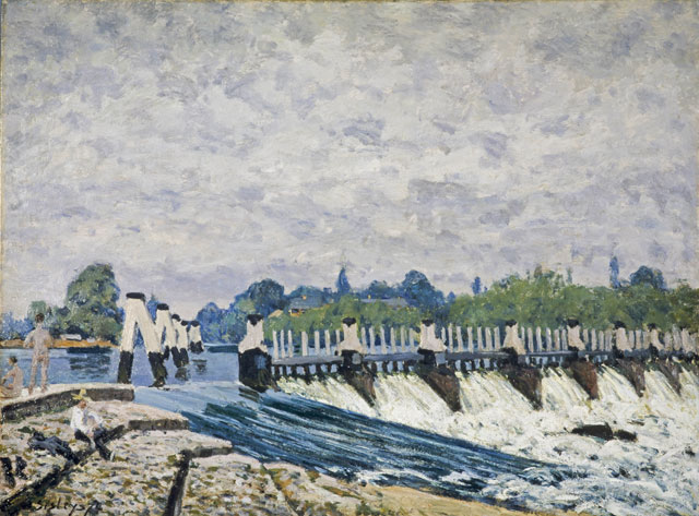 Alfred Sisley. Molesey Weir, Hampton Court, Morning, 1874. Oil paint on canvas, 51.1 x 68.8 cm. National Galleries of Scotland (Edinburgh UK).