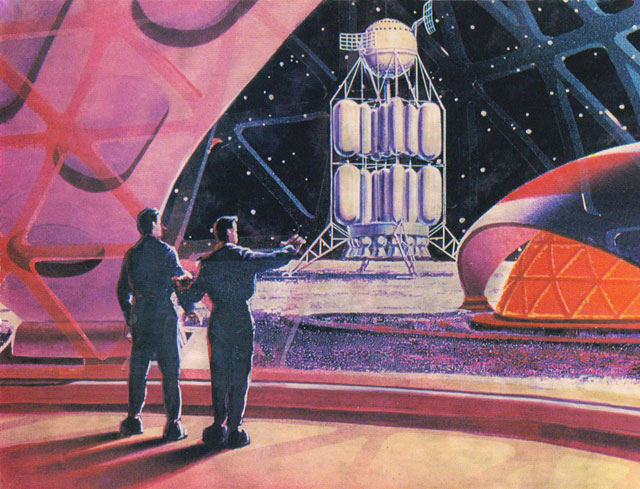 On the first Lunar cosmodrome, Andrey Sokolov and Aleksey Leonov, 1968. Postcard. Moscow Design Museum.