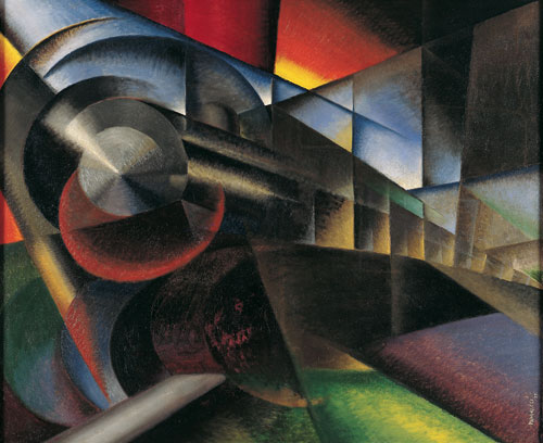 Ivo Pannaggi. Speeding Train (Treno in corsa), 1922. Oil on canvas, 100 x 120 cm. Fondazione Carima–Museo Palazzo Ricci, Macerata, Italy. Photograph: Courtesy Fondazione Cassa di risparmio della Provincia di Macerata.