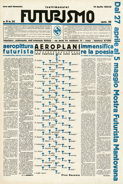 Mino Somenzi, ed., with words-in-freedom image Airplanes (Aeroplani) by Pino Masnata. Futurismo 2, no. 32 (Apr. 16, 1933). Journal (Rome, 1933), 64 x 44 cm. Fonds Alberto Sartoris, Archives de la Construction Moderne–Ecole polytechnique fédérale de Lausanne (EPFL), Switzerland. Photograph: Jean-Daniel Chavan.