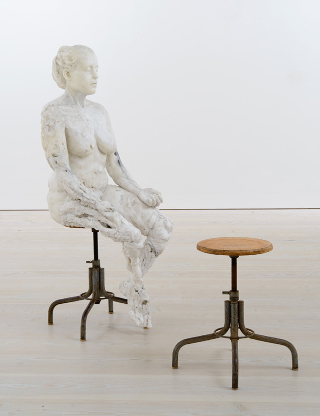 Virgile Ittah. Dreams are guilty, absolute and silent by fire, 2014. Mixed wax, marble dust, antique industrial stools, dimensions variable.