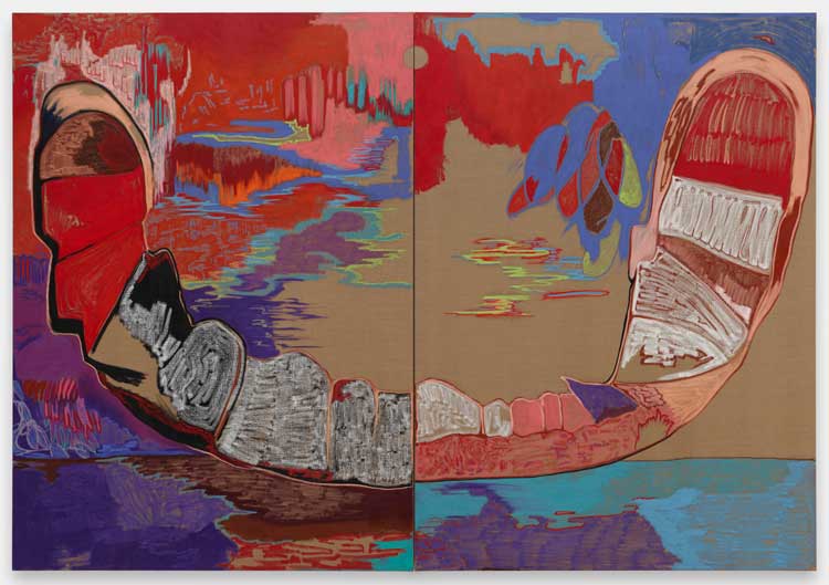 Rachel Jones, Gated Canyons, 2024. Oil stick and oil pastel
on stretched linen, 250 x 360 x 3.5cm. Courtesy of the artist. Photo: Eva Herzog.