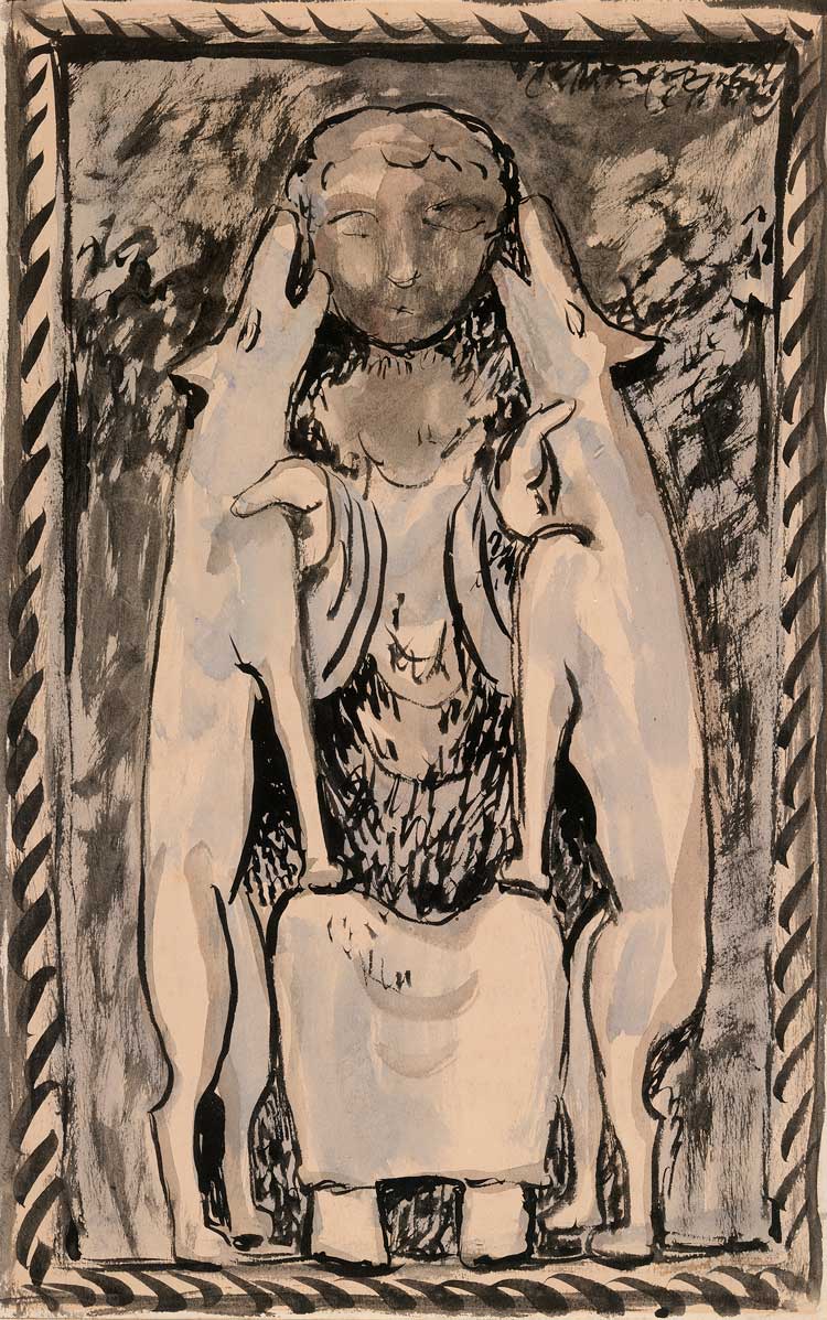 Evie Hone. Daniel in the Lions' Den, from the West Cross, Monasterboice Monastery, County Louth; Grazing Cattle (on verso), 1940s. Ink and watercolour on paper, 37 x 23.8 cm. © Geraldine Hone, Kate Hone and the FNCI. Photo, National Gallery of Ireland.