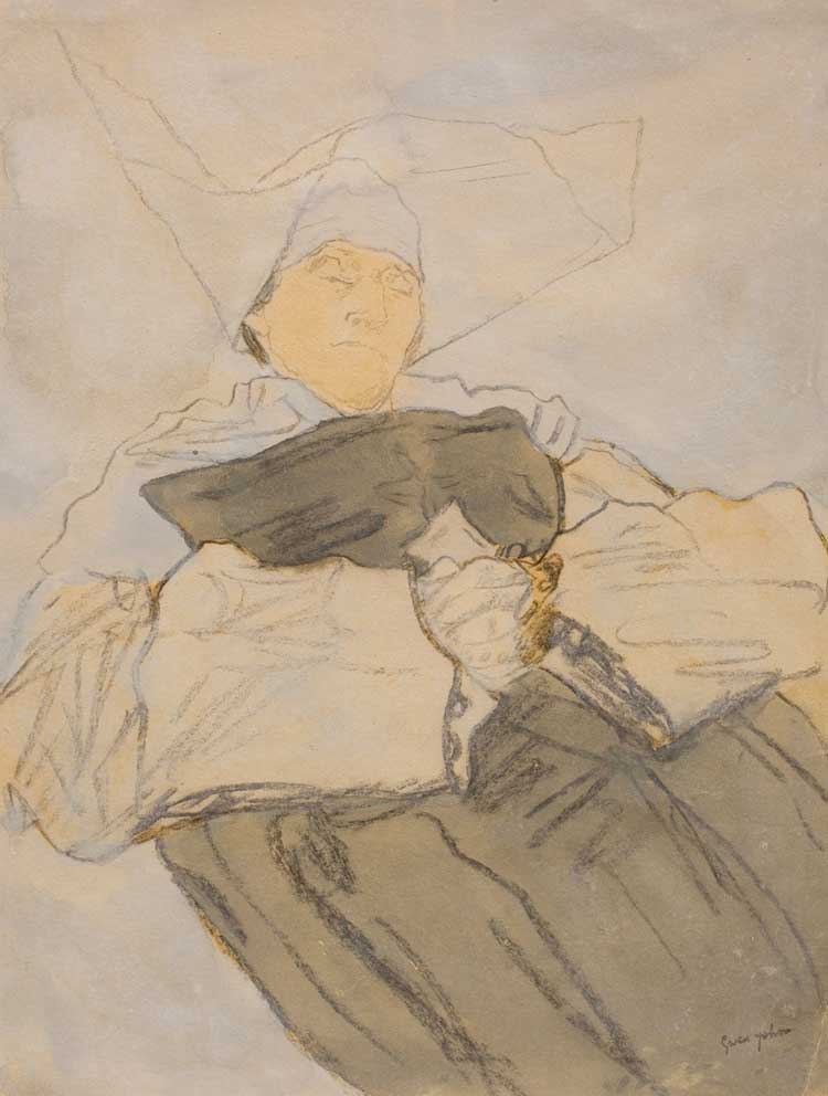 Gwen John, Sleeping Nun, 1916-18. Charcoal, watercolour and gouache, 31.8 x 23.8 cm (12 1/2 x 9 3/8 in). Private Collection. Courtesy of Piano Nobile, London.