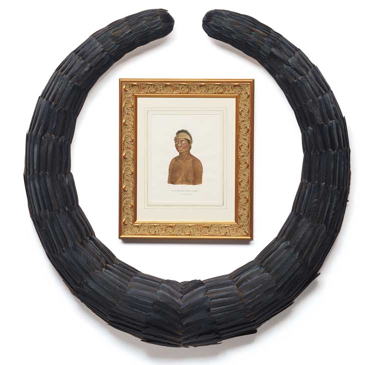 Jonathan Jones. Untitled (remembering Eora: Oui-ré-Kine), 2021. After Barthélemy Roger, after Nicolas-Martin Petit. Black swan (Cygnus atratus) feathers on polystyrene foam, polyurethane hardcoat and acrylic paint; framed hand-coloured historical engraving, approx 108.5 × 104 cm, overall dimensions variable. Photo: Jenni Carter.